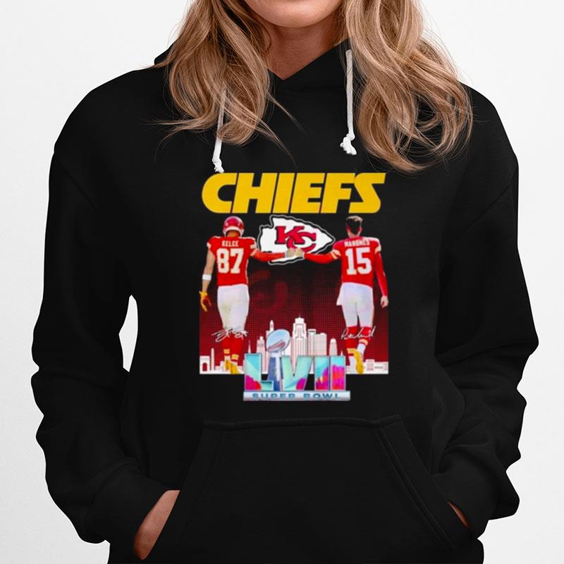 2023 Kansas City Chiefs Lvii Super Bowl Champions Kelce 87 And Mahomes 15 Signatures Hoodie