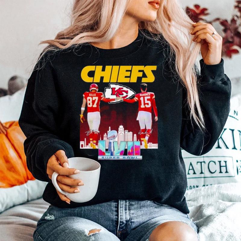 2023 Kansas City Chiefs Lvii Super Bowl Champions Kelce 87 And Mahomes 15 Signatures Sweater