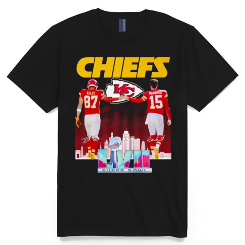 2023 Kansas City Chiefs Lvii Super Bowl Champions Kelce 87 And Mahomes 15 Signatures T-Shirt