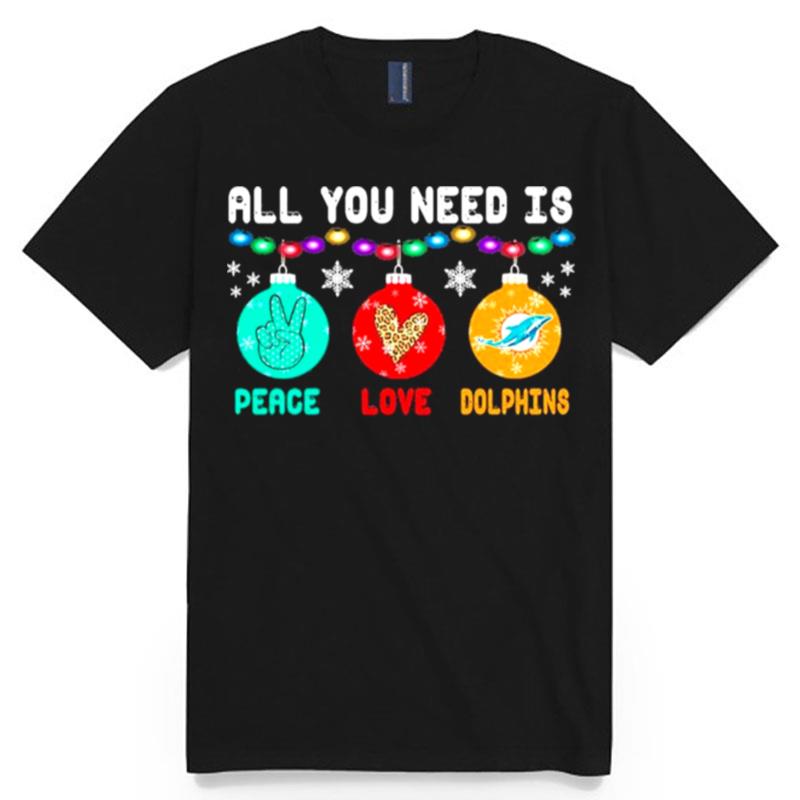 All You Need Is Peace Love Miami Dolphins Merry Christmas Light T-Shirt