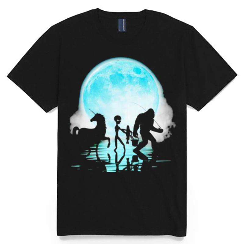 Bigfoot Fishing With Alien Unicorn T-Shirt
