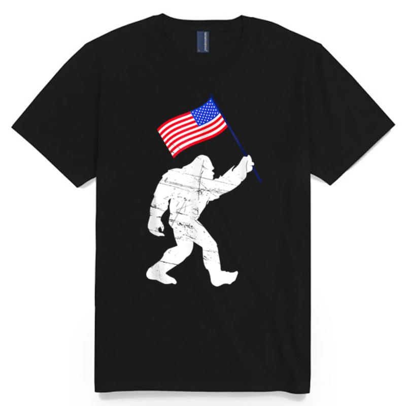 Bigfoot With American Flag Funny 4Th Of July T B0B4Zs2W4J T-Shirt